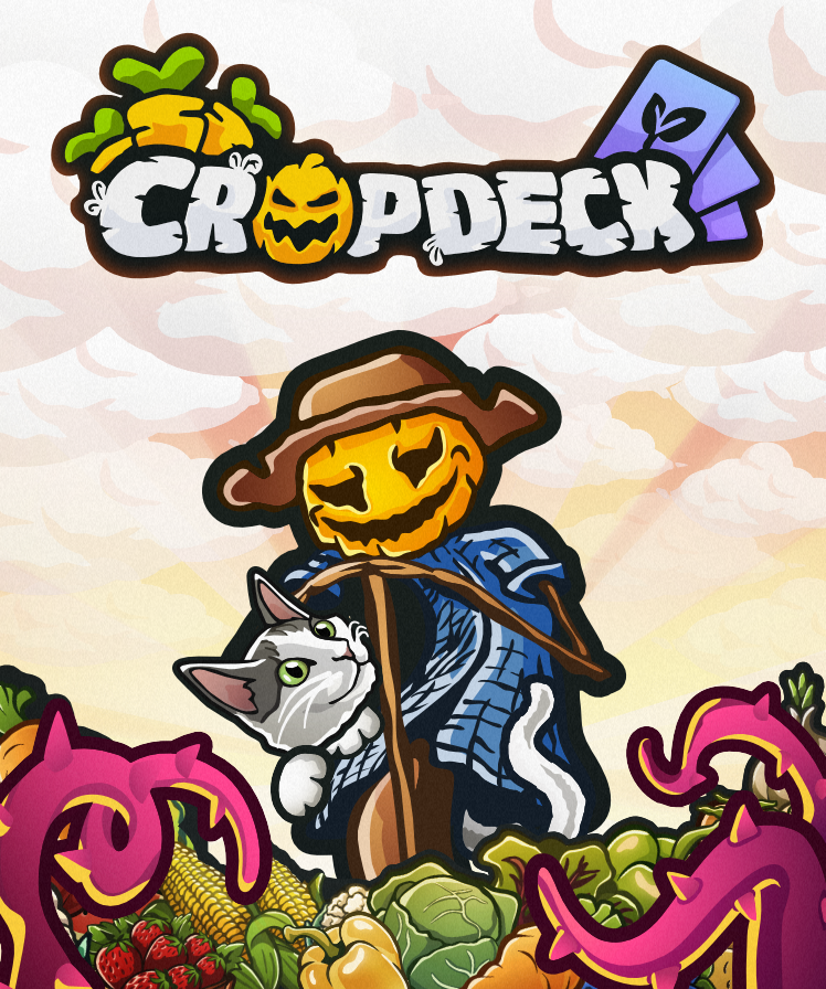 Cropdeck Guide Hub poster showing crop cards, scarecrow notes, and tool panels